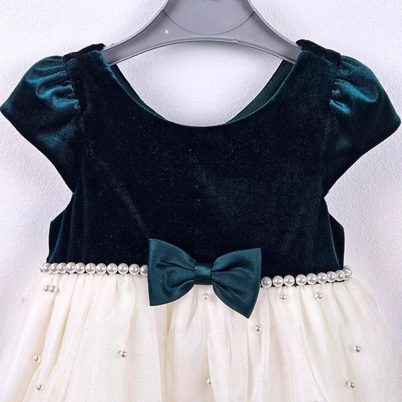 American Princess Toddler Girls Velvet Tulle Pearl Party Dress Green Cream 24M - Picture 3 of 7
